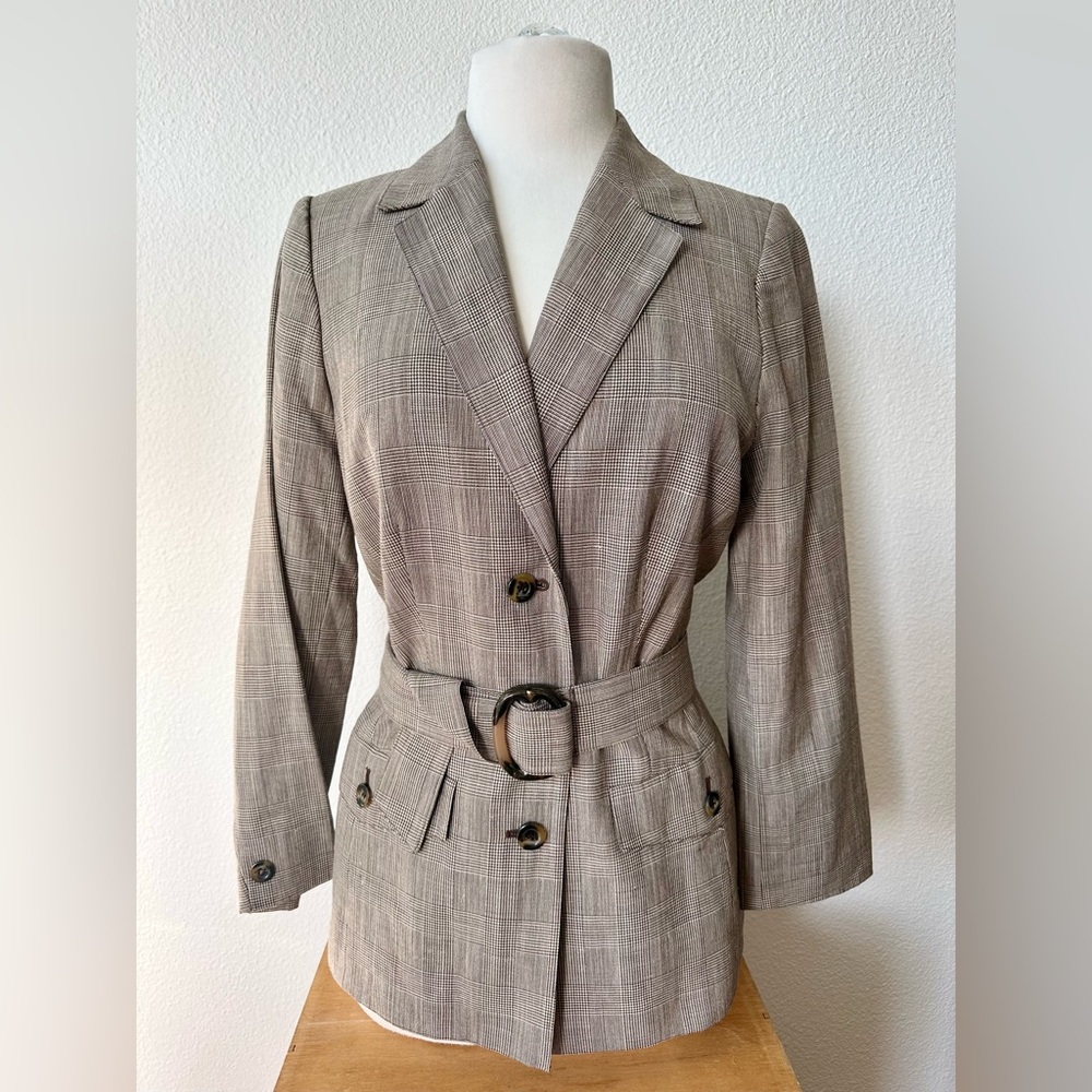 VTG Classiques Entier Grey Plaid Belted Wool Linen Blend Lined Blazer Jacket 12